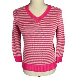 J. Crew Hot Pink Striped V-Neck Cotton Blend Sweater XS